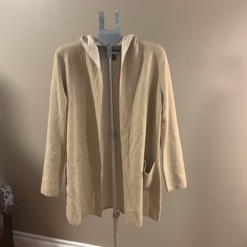 Tahari Women's Cream Knit Hooded Cardigan Sweater Size Large